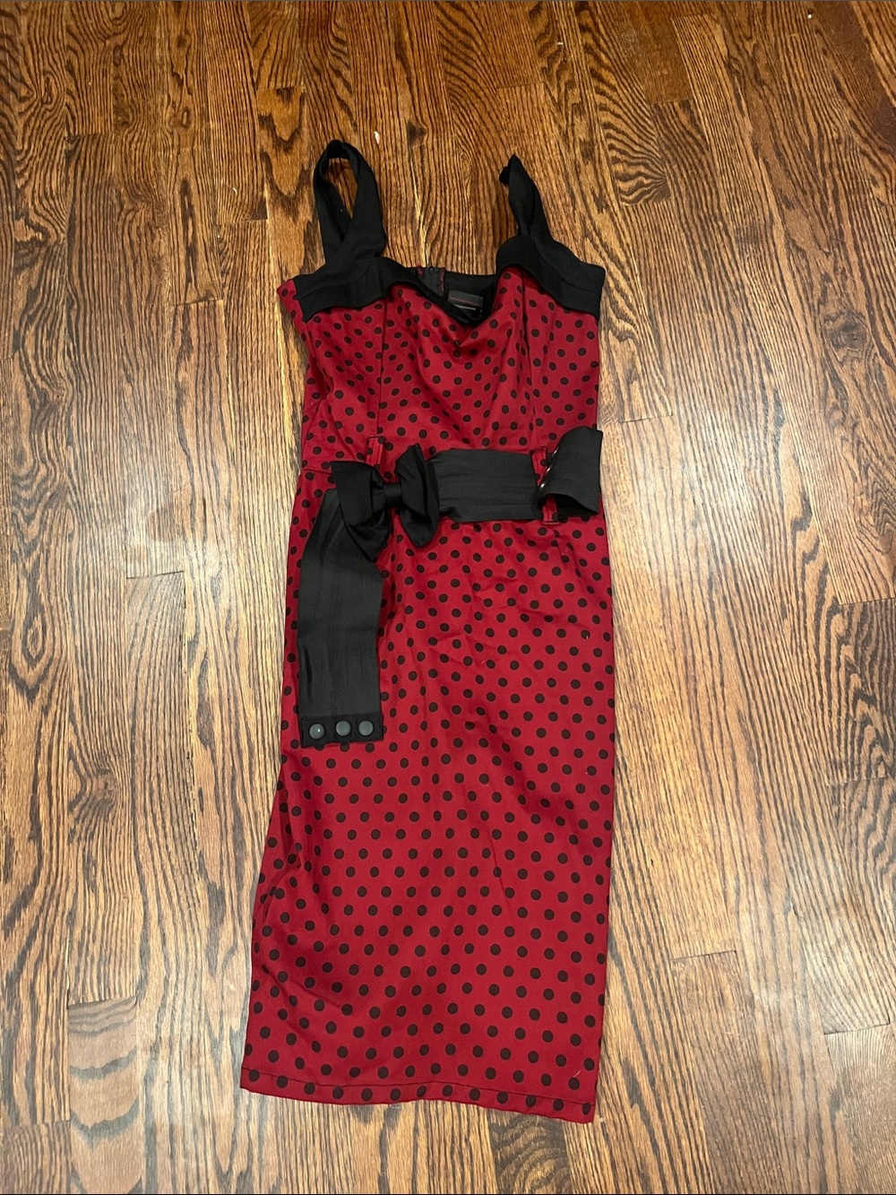 Sleeveless Red Polka Dot Midi Dress with Black Trim and Sash